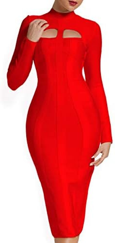 UONBOX Women's Sexy Cut Out Long Sleeves Midi Bodycon Party Bandage Dress | Amazon (US)