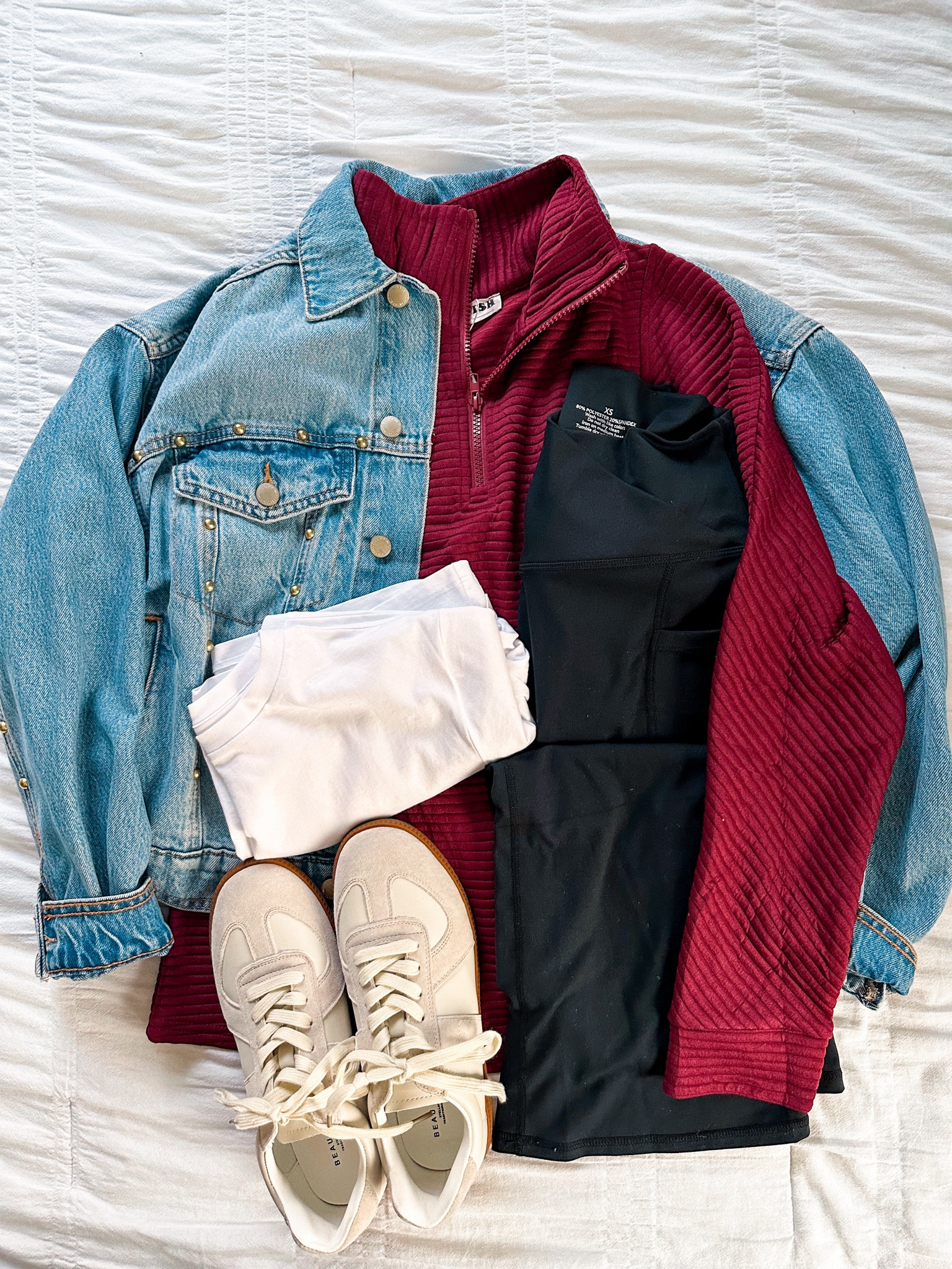 Outfit of the day! 
Denim jacket XS 
Quarter zip small 
Flare legging small 
Shoes tts 
White tee XS 

#LTKStyleTip #LTKFindsUnder50 #LTKMostLoved