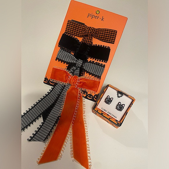 Piper K Halloween Bow Set with Kitty Cat Cubic Zirconia Stud Earrings. NIB | Poshmark