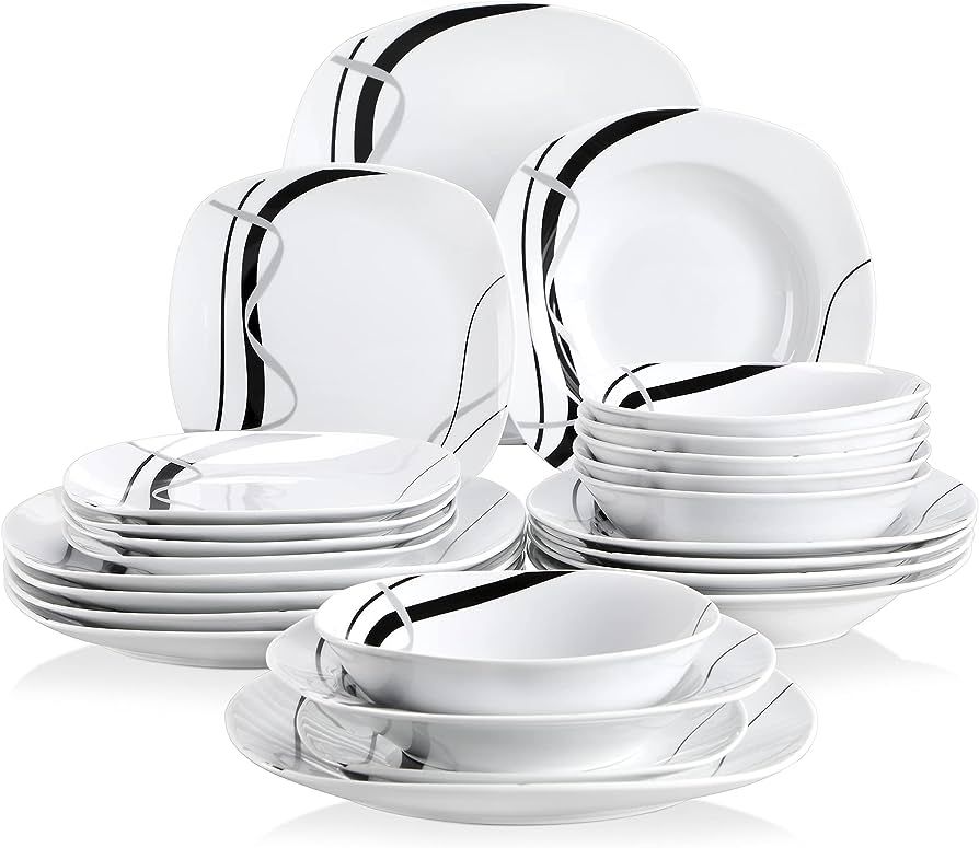 VEWEET, Series Fiona, 24-Piece Ivory White Square Porcelain Ceramic Dinnerware Set with Black and... | Amazon (US)