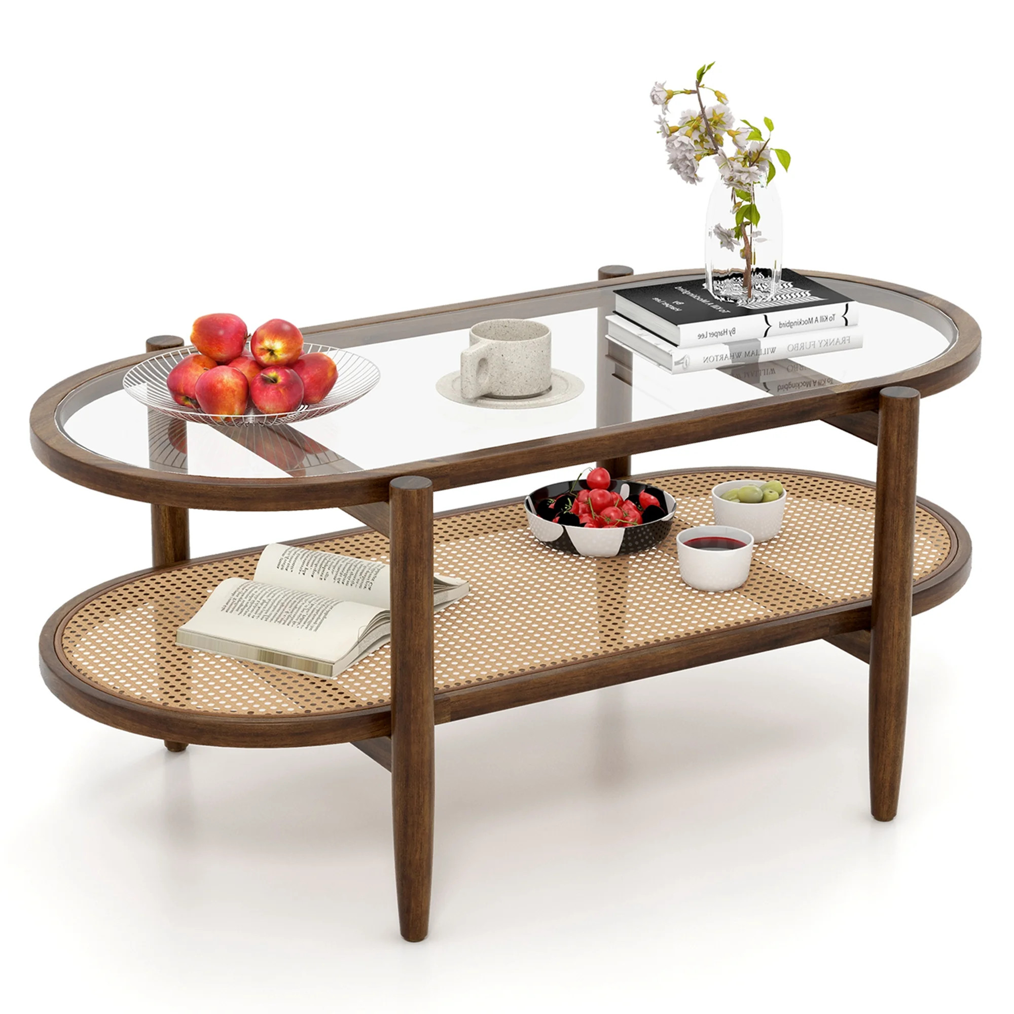 Costway 2-Tier Coffee Table Tempered Glass Top with PE Rattan Shelf & Acacia Wood Frame | Walmart (US)