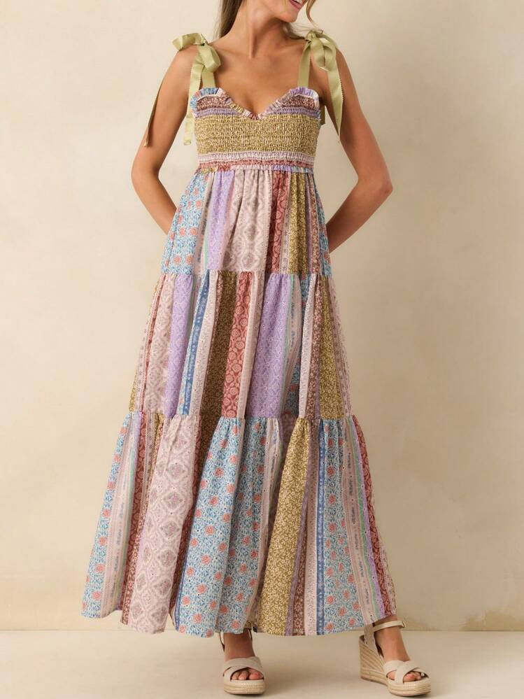 Women Floral Maxi Dress Sleeveless Tie Shoulder Bohemian Flowy Smocked Dresses Casual Summer Fall Sundress | SHEIN