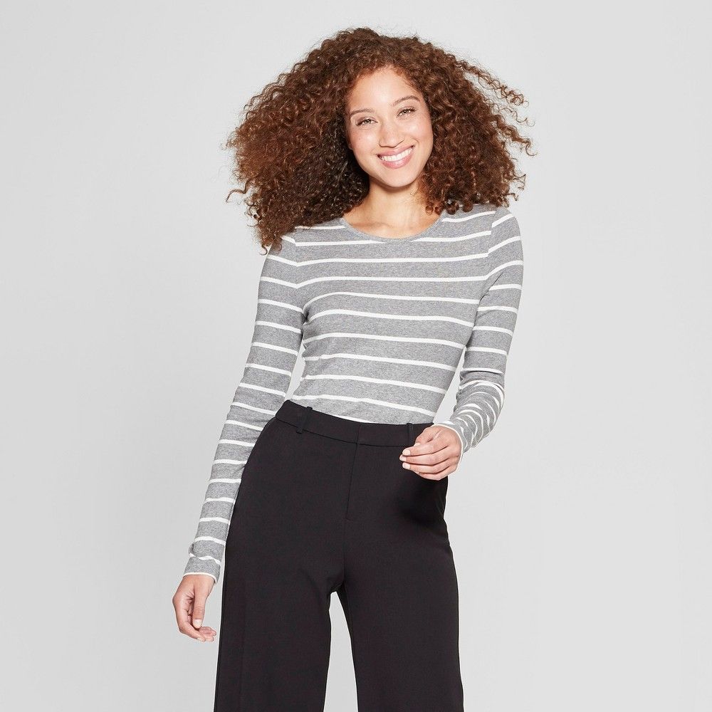 Women's Striped Long Sleeve Fitted Crew T-Shirt - A New Day Heather Gray/White L | Target