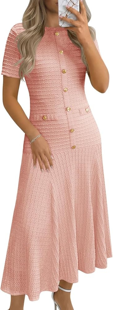 Wenrine Womens Midi Dress Summer Casual Short Sleeve Crewneck Button Decor. Textured Slim Fit A L... | Amazon (US)