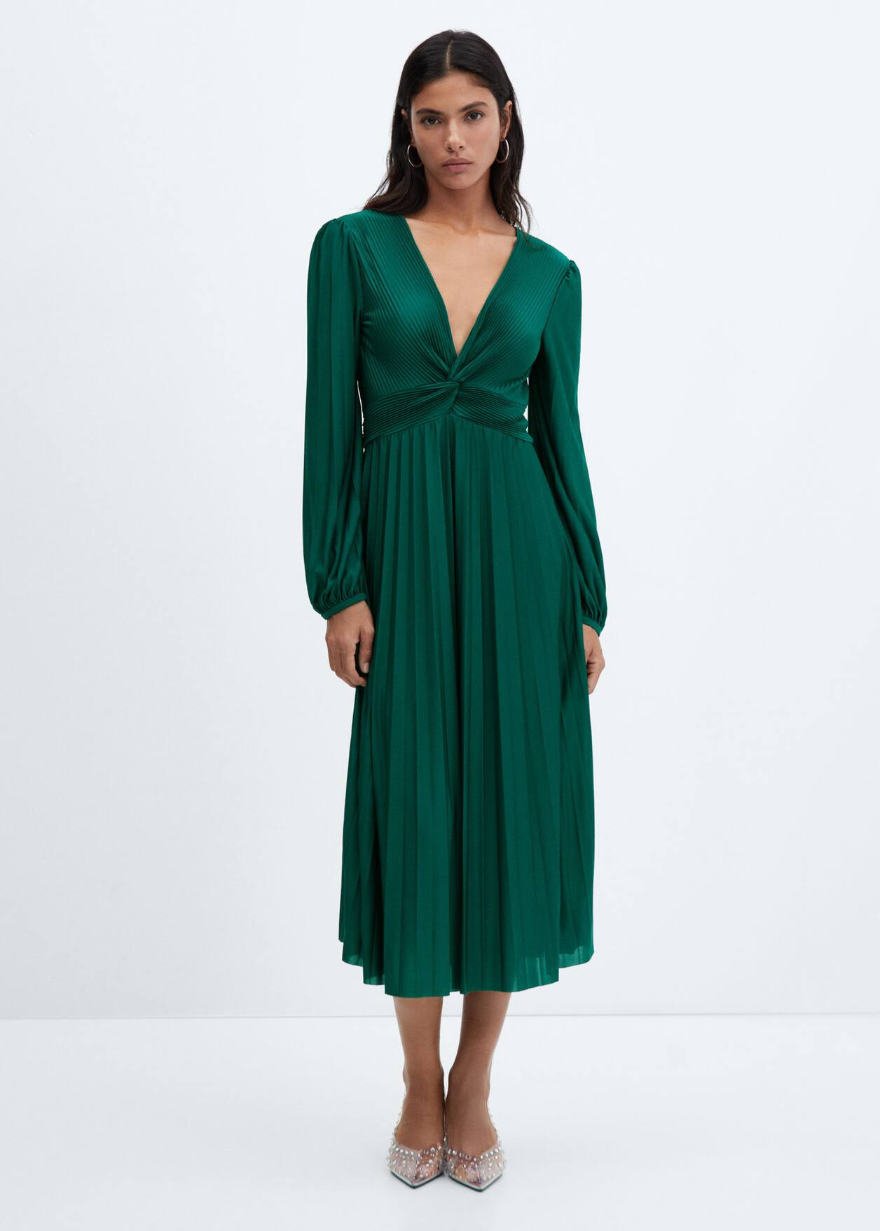 V-neck pleated dress -  Women | Mango USA | MANGO (US)
