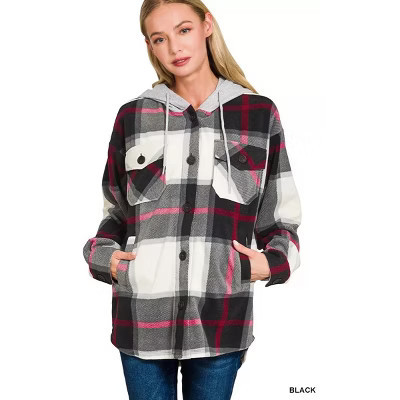 Zenana Plaid Drawstring Hooded Fleece Shacket Black S | Target