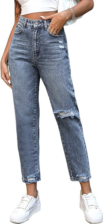 WDIRARA Women's Ripped Distressed Detail High Waist Straight Leg Denim Jeans Pants | Amazon (US)