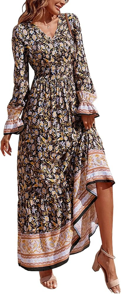 PRETTYGARDEN Long Sleeve Maxi Dress for Women V Neck Casual Button Down Boho Long Floral Dresses | Amazon (US)