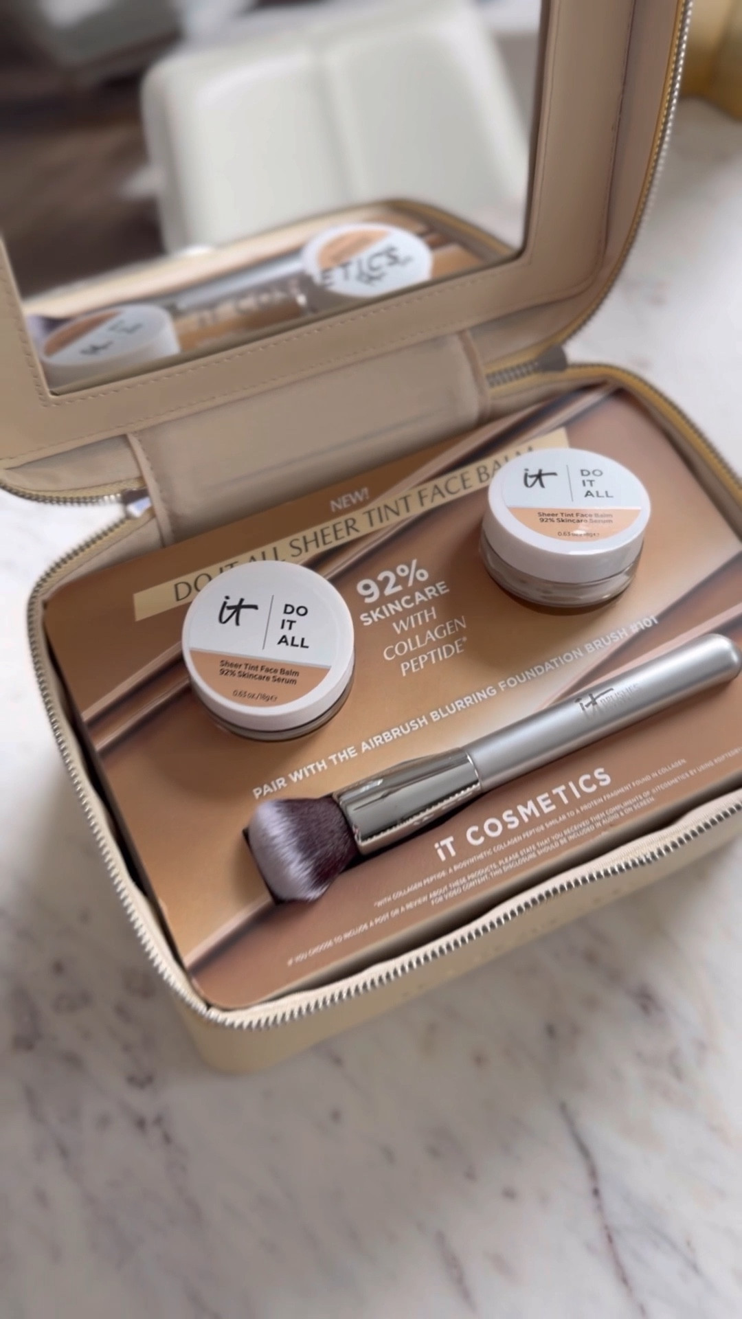 New and only at ulta beauty: from it cosmetics that do it all sheer tint face balm
 92% skin care with collagen peptide. 

This is makeup and skin care all in one with an ultra blend texture, for instant, and overtime skin transformation. 

Skin looks more radiant, is visibly firmed, lines look, minimized, and it hydrates all day.