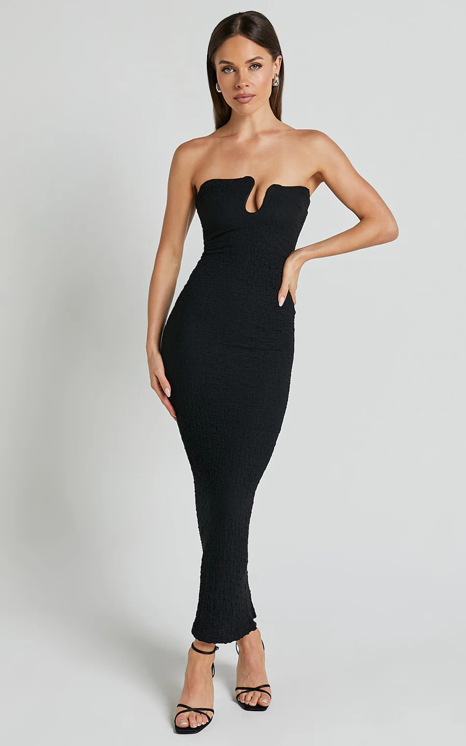Alberta Maxi Dress- Strapless bust detail textured dress in Black | Showpo (US, UK & Europe)