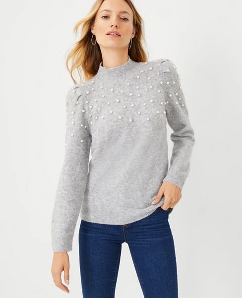 Pearlized Puff Sleeve Cable Sweater | Ann Taylor (US)