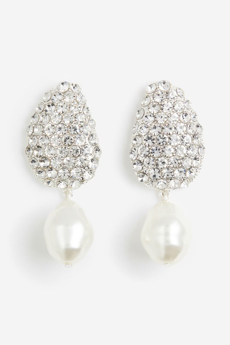 Rhinestone-embellished Pendant Earrings - White - Ladies | H&M US | H&M (US + CA)