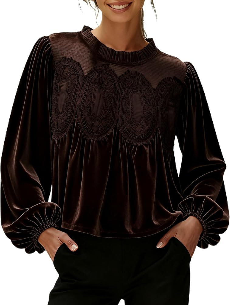 Gozoloma Women's Long Sleeve Velvet Trim Lace Blouse Elegant Flared Swing Top Round Neck Blouse C... | Amazon (US)