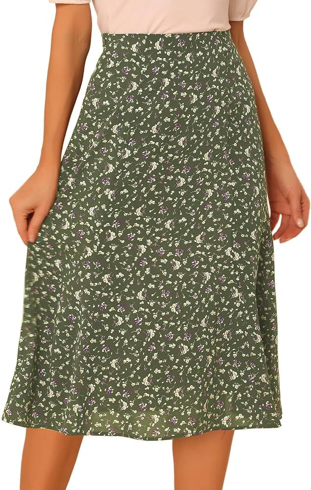 Allegra K Women's Floral Midi Skirt Peasant Elastic Waist A-Line Ditsy Leave Print Skirts | Amazon (US)
