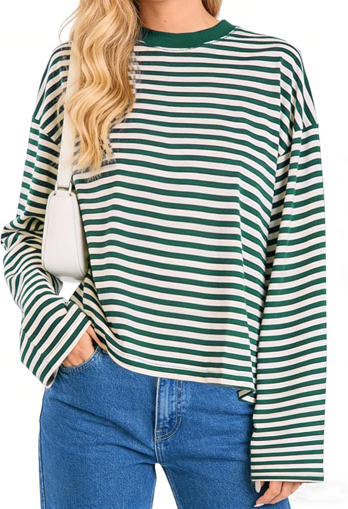Striped Long Sleeve Shirt Women Oversized Sweatshirt Baggy Tee Shirts Crewneck Pullover Y2K Tops | Amazon (US)