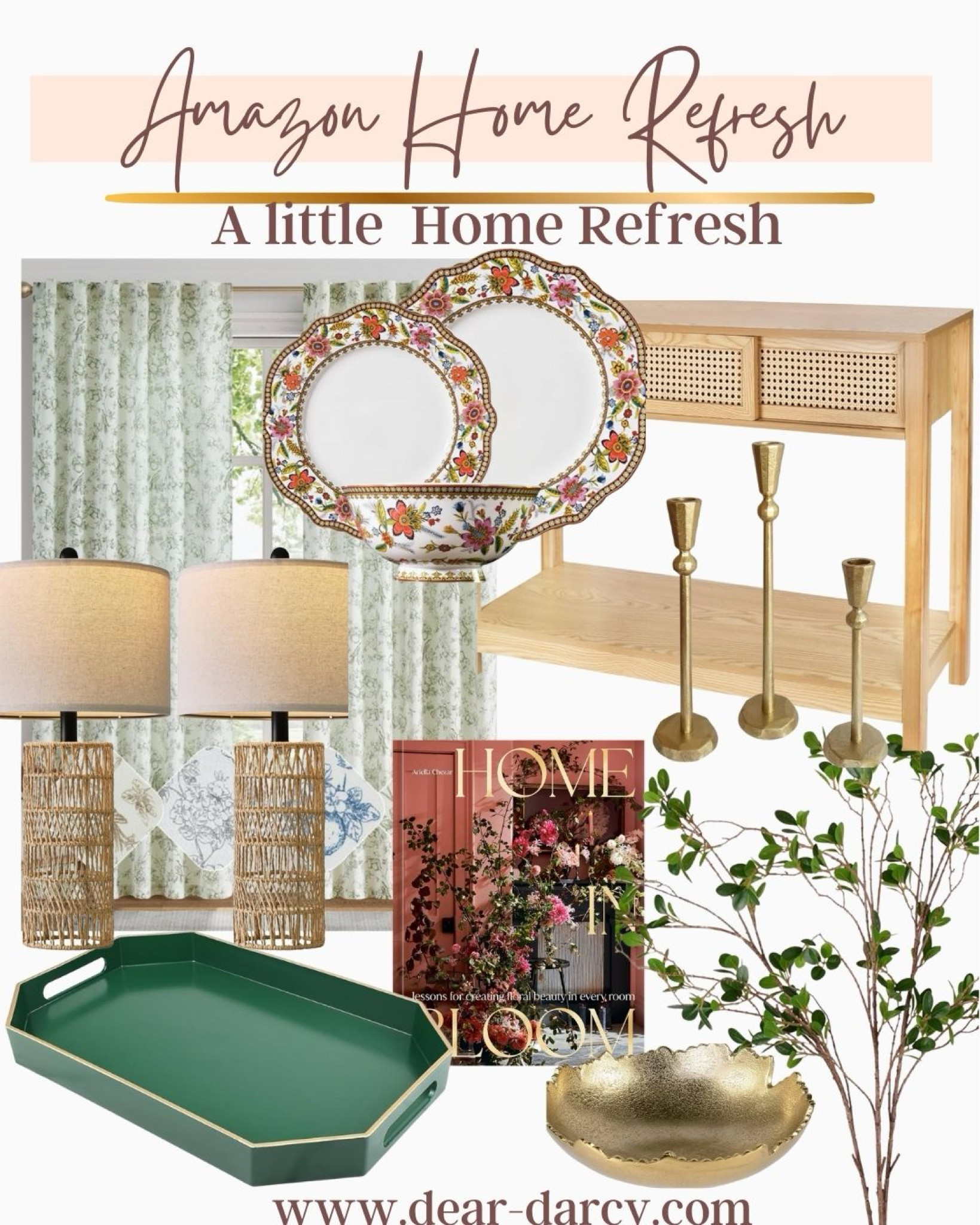 Amazon Home Refresh Edit
Cozy home 

Perfect pieces to refresh spaces in your home

Gold bowl 

Entertainment table with cane detail drawers

Green pattern drapes/curtains 

Beautiful Floral dishes /china  for kitchen or dining room 

Whisker lamps 

Home beautiful coffee table book .. beautiful home decor inspirations
And pretty on your coffee table 

Gold tapper  candle sticks set of 3

Green and gold serving tray perfect for coffee table entry way on island/ coffee area etc 

Great silk plant 

#LTKHome #LTKStyleTip #LTKGiftGuide