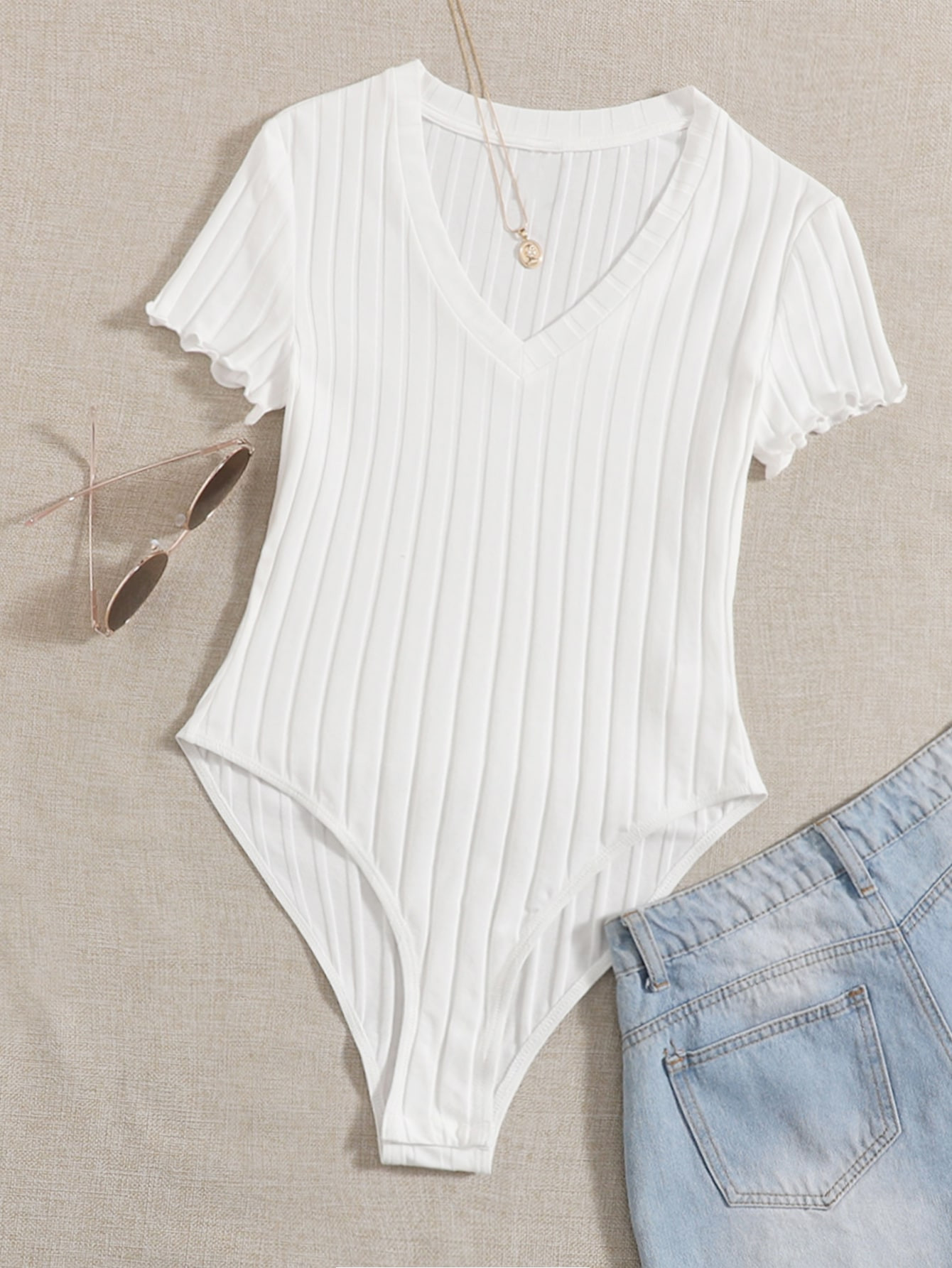 SHEIN Qutie Lettuce Trim Rib Knit Bodysuit | SHEIN