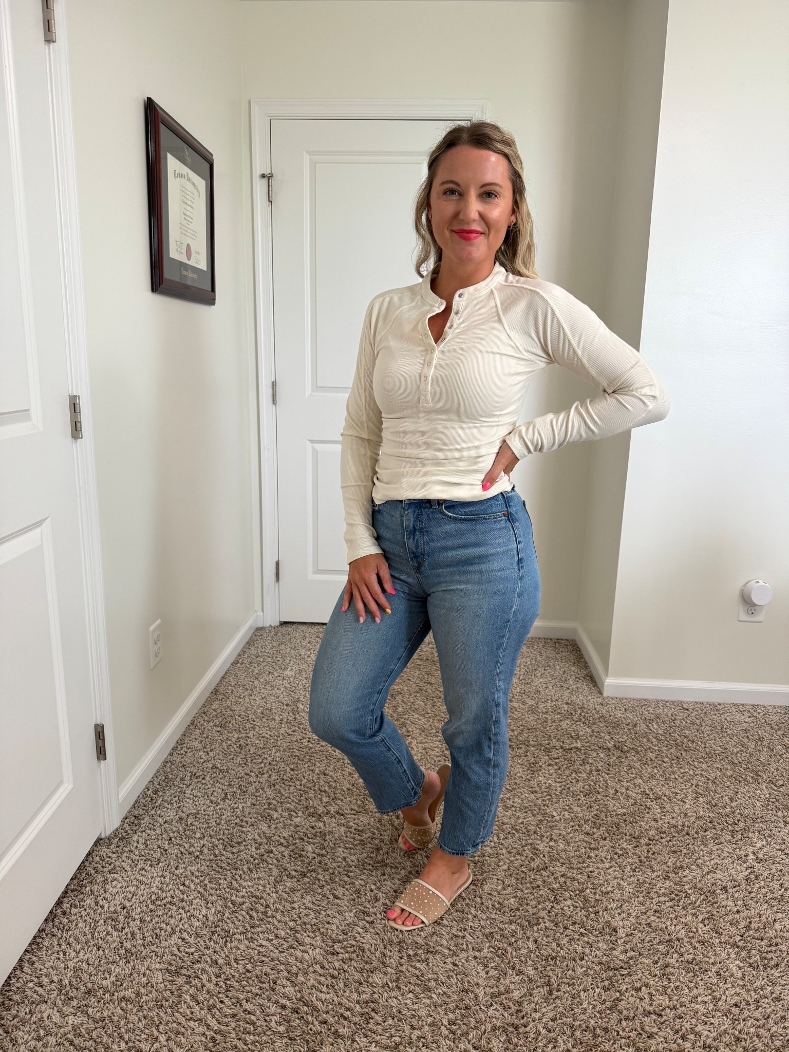 Rosella Henley from My Ellement Boutique. Wearing a small. Jeans are old from Loft and sandals are old from Target  

#LTKFindsUnder100 #LTKPetite #LTKFindsUnder50