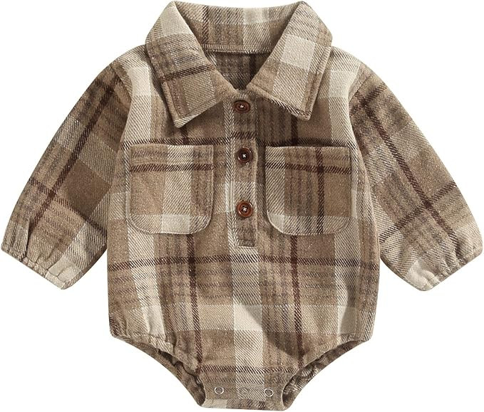 Baby Boy Plaid Shirt Romper Flannel Long Sleeve Oversized Tops Infant Button Down Fall Clothes | Amazon (US)