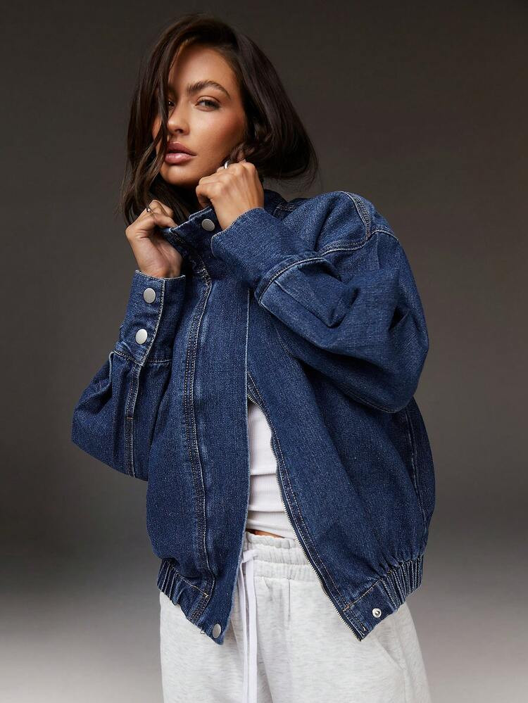 Drop shoulder single breasted casual denim jacket  | SHEIN
