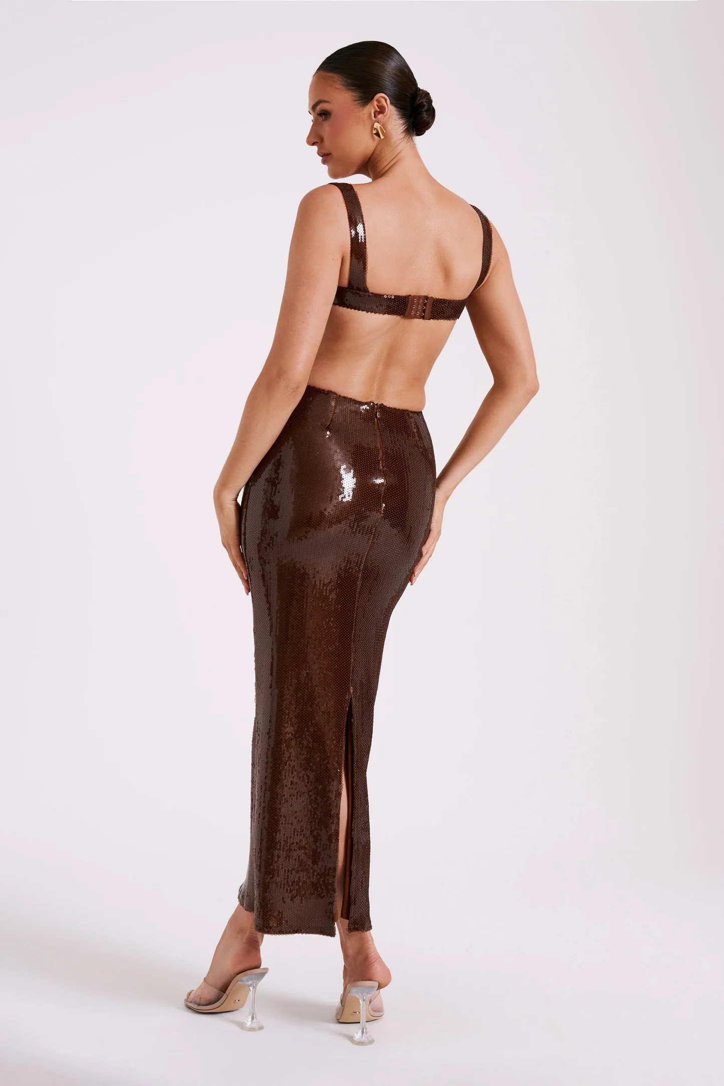 Adoria Sequin Cut Out Maxi Dress - Chocolate | MESHKI US
