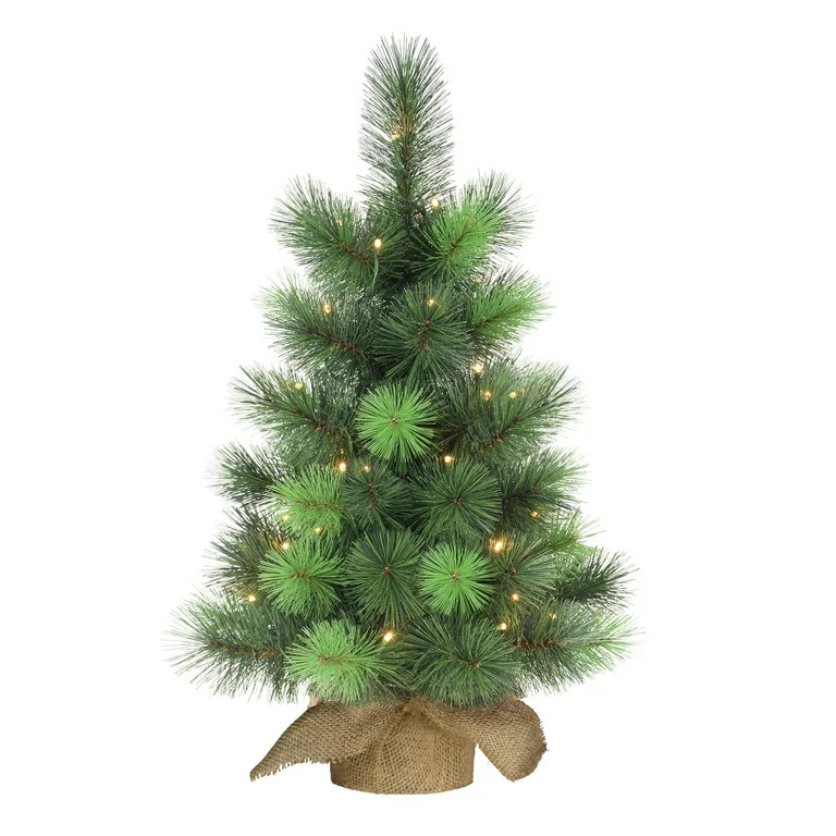 Pre-Lit 2' Table Top Artificial Christmas Tree with 35 Lights in Tan Sac, Green | Walmart (US)