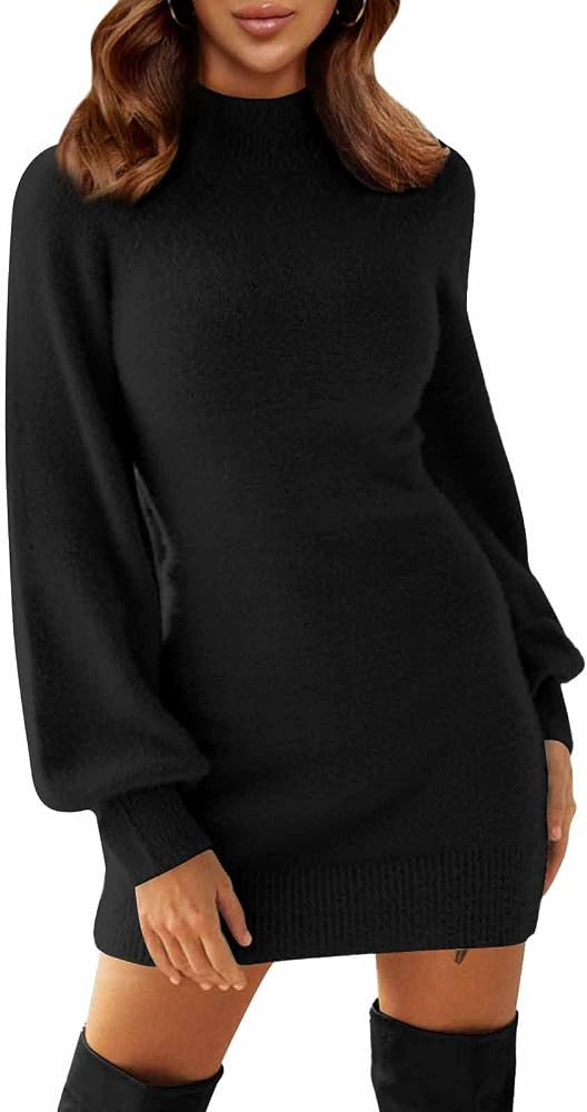 EXLURA Women's 2024 Mock Neck Ribbed Long Sleeve Bodycon Pullover Cute Mini Sweater Dress | Amazon (US)