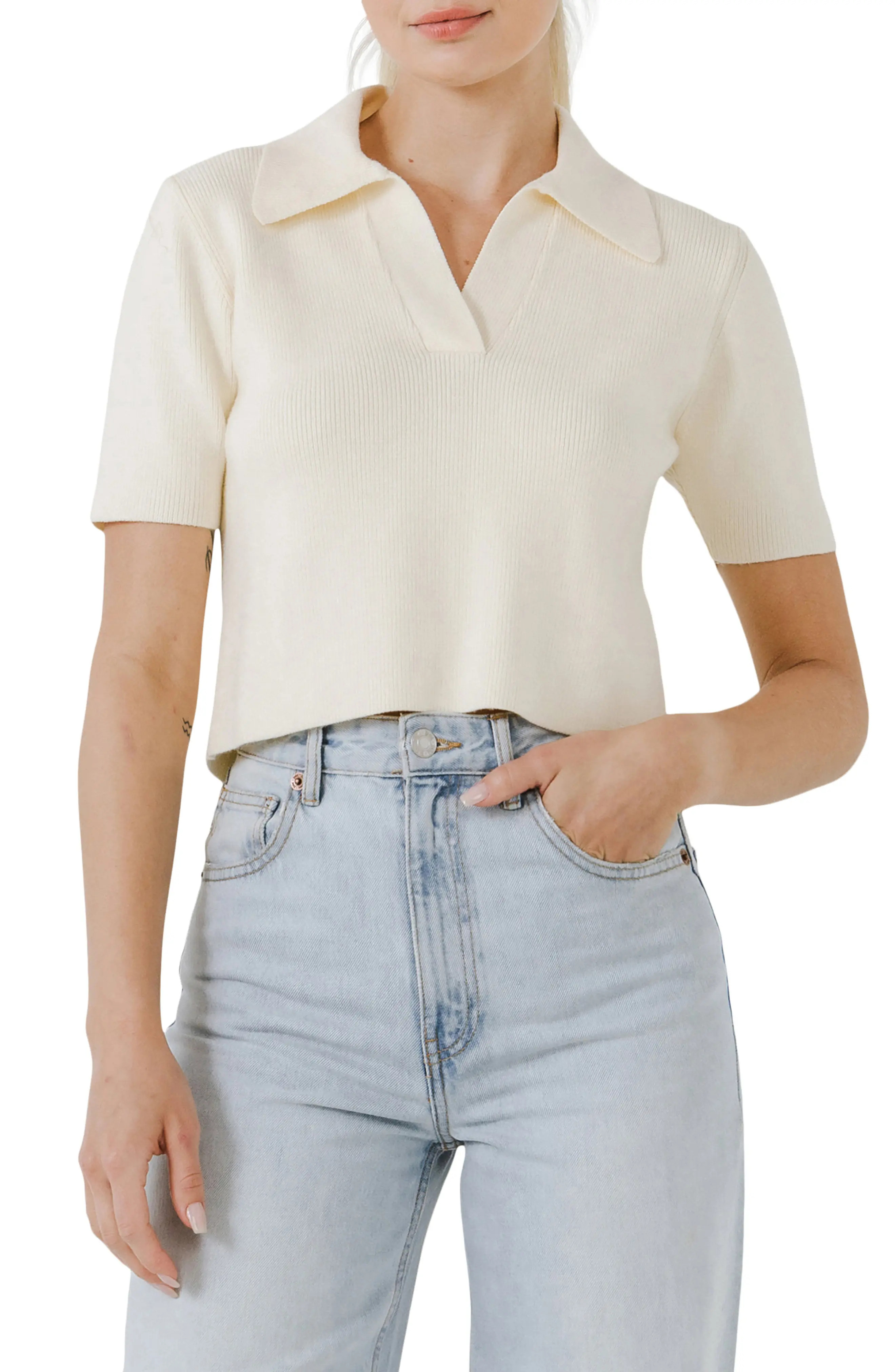 Women's English Factory Polo Crop Sweater, Size X-Small - White | Nordstrom