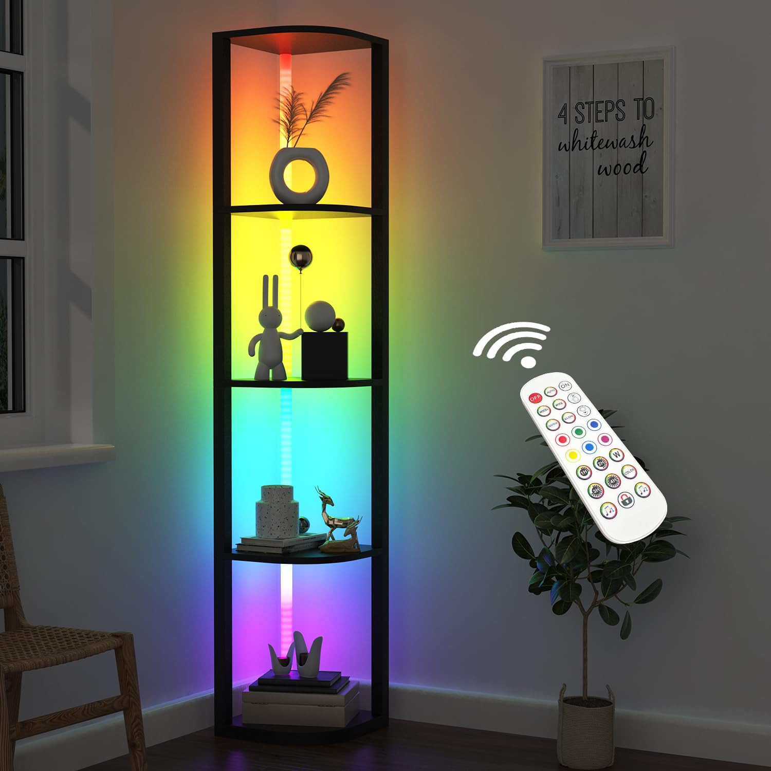 ROJASOP 5 Tiers Corner Shelf with Light Tall Display Shelf for Collectibles Control Multiple Color Lights via APP and Remote Control Floor Lamp with Shelf Supports Dimming for Living Room Bedroom Home | Amazon (US)