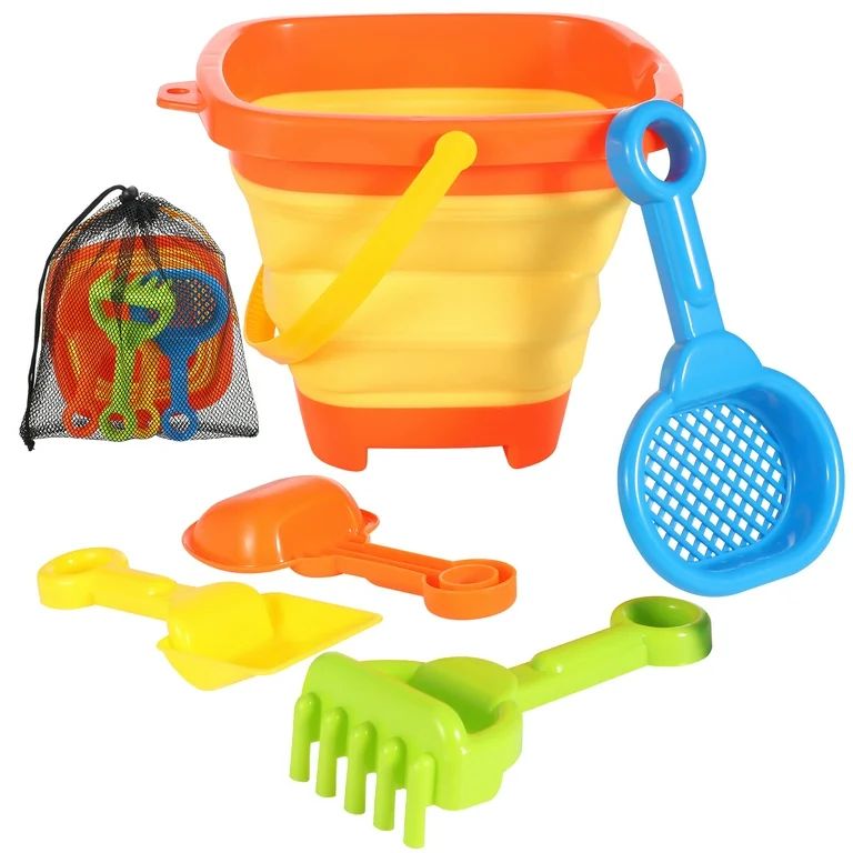 sixwipe Foldable Beach Bucket Set, Collapsible Toy Buckets with Shovels and Mesh Backpack for Kid... | Walmart (US)