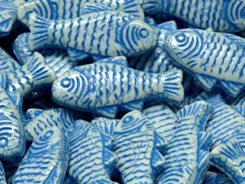 Czech Glass Fish Beads, off White With Blue Wash, Beach Jewelry Making, 1 Inch, 25mm, Double Side... | Etsy (Global)