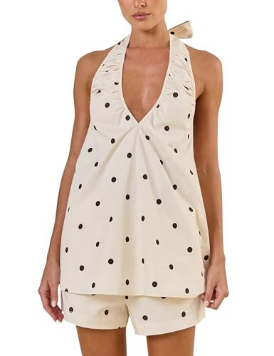 HOCANDY Polka Dot Short Set for Women Deep V Neck Sleeveless Halter A-line Top and Shorts Sets Polka Dot Two Piece Set | Amazon (US)