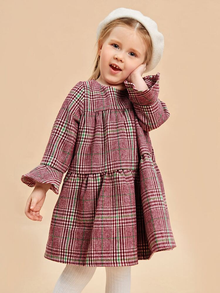 SHEIN Toddler Girls Flounce Sleeve Plaid Tweed Dress | SHEIN