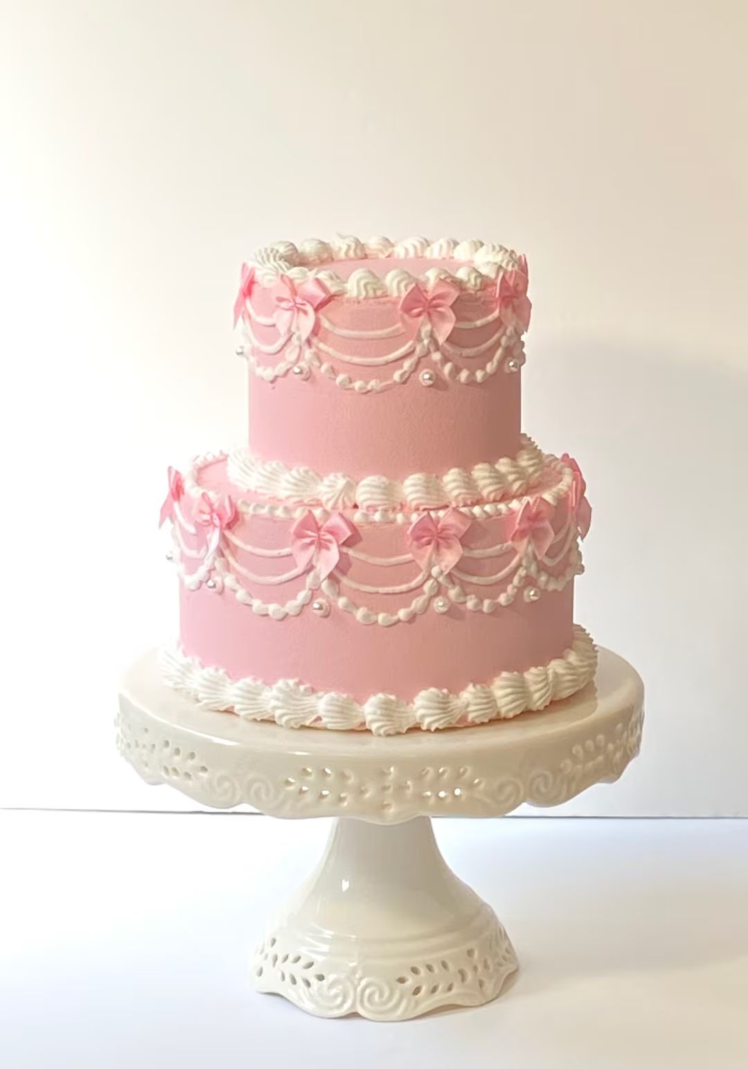 Pink fake cake, 2 tiered pink faux cake, 6 inch faux cake, pink bows | Etsy (US)