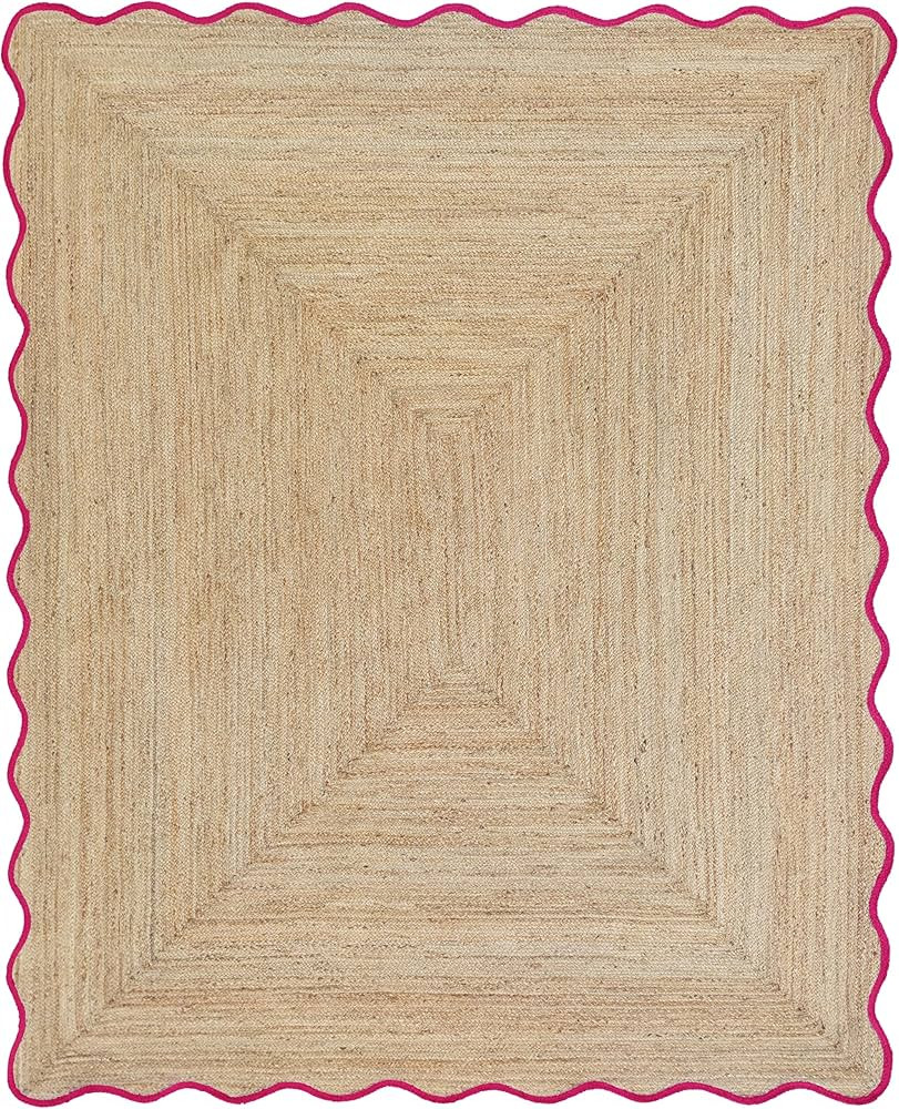 Wave Scalloped Natural Jute Rug - Boho Braided Area, Coastal Farmhouse Scallop, Dark Pink (5'x8') | Amazon (US)