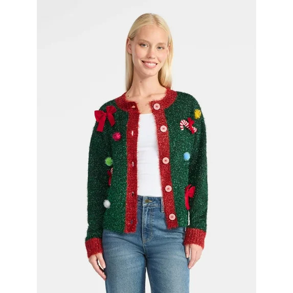 Women's Embellished Button Front Christmas Cardigan from Holiday Time, Sizes XS-XXXL | Walmart (US)