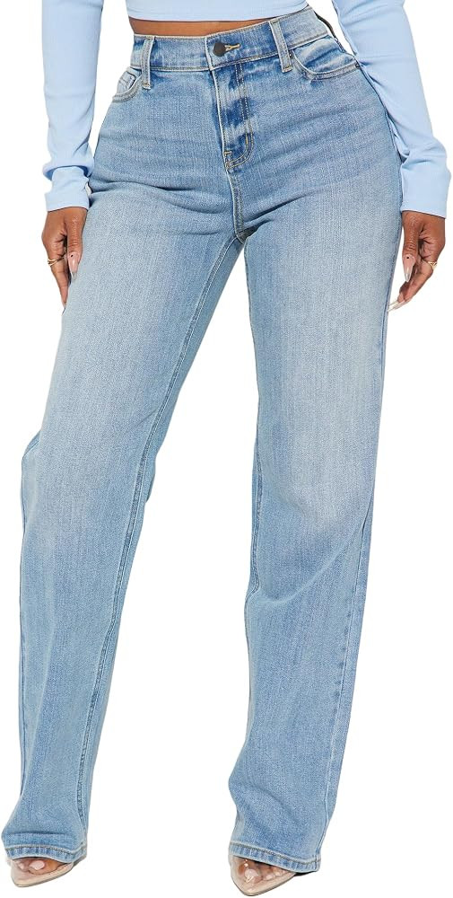 BessCops Straight Leg Jeans for Women High Waisted Wide Leg Stretchy Loose Denim Pants | Amazon (US)