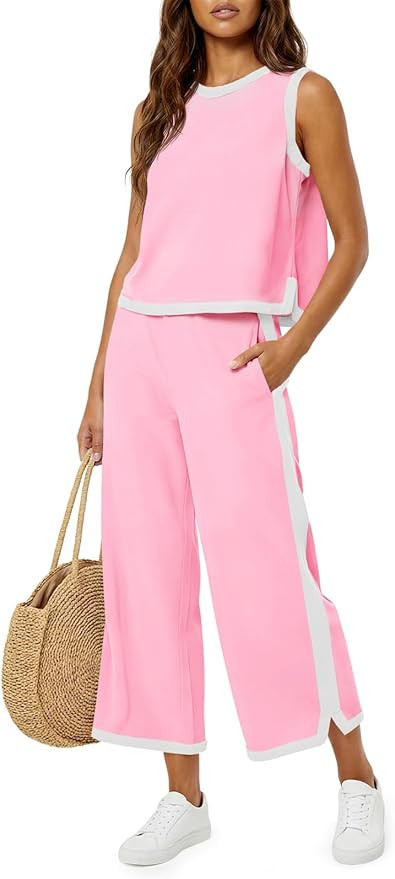Womens 2 Piece Outfits Summer Sleeveless Wide Leg Capris Tracksuits Casual Cotrast Colors Lounge ... | Amazon (US)