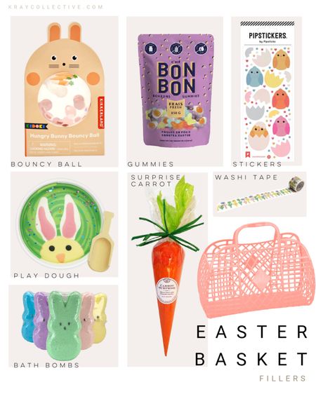 Easter Basket Fillers for kids.  If you’ve got girls I’m obsessed with the jelly tote as an Easter Basket.  

Bunny play doh | Easter baker stuffers | Easter basket ideas | Easter gifts | Easter stickers | surprise carrot | surprise balls | bunny bath bombs | Easter Candy 

#EasterBasket,Fillers #EasterBasketIdeas #Easter, #EasterGiftsForKids #GiftsForKids