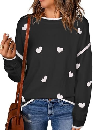 Women's Heart Sweater Crew Neck Casual Long Sleeve Loose fit Love Print Ribbed Knit Sweaters Pullover Top Black S | Amazon (US)