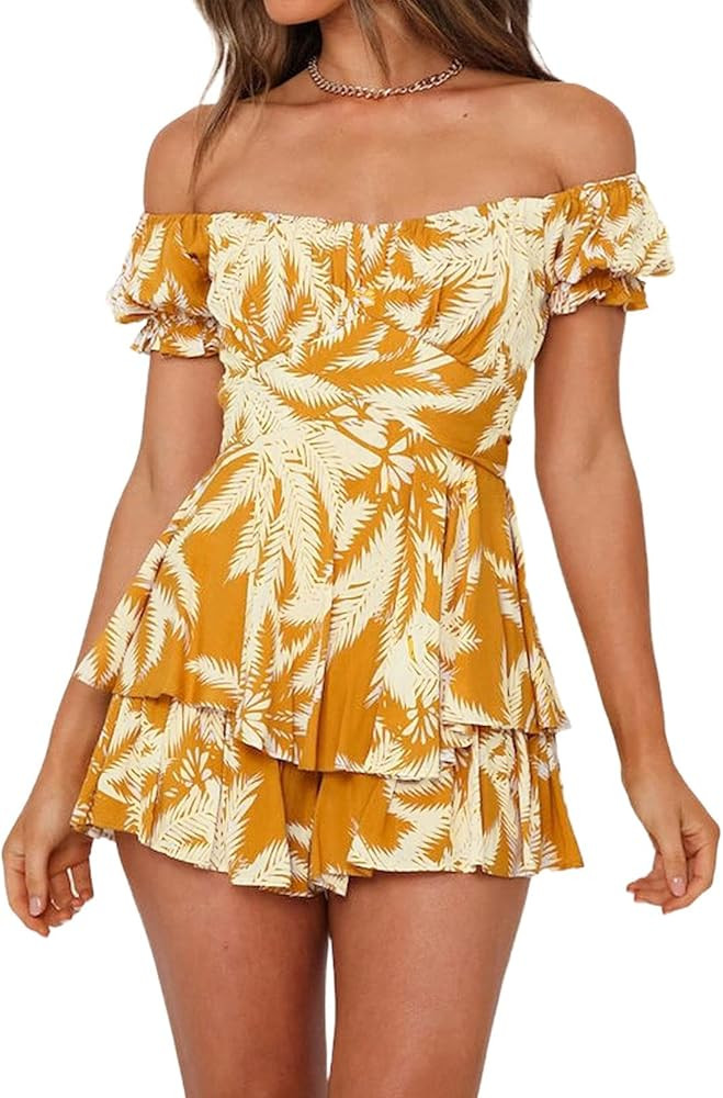 Fixmatti Women Boho Romper Off Shoulder Ruffle Chiffon Shorts Jumpsuit Playsuits | Amazon (US)