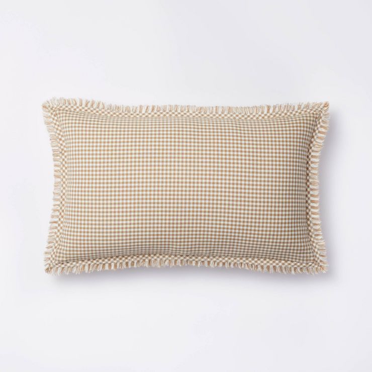 Oblong Gingham with Hemstitch and Raw Edge Decorative Throw Pillow Camel - Threshold™ with Stud... | Target