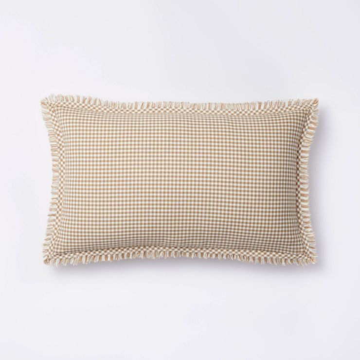 Oblong Gingham with Hemstitch and Raw Edge Decorative Throw Pillow Camel - Threshold™ designed ... | Target