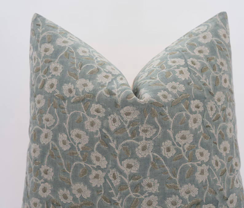 AOKI || Muted Blue Floral Pillow Cover Blue Block Print Pillow Blue Farmhouse Pillow Light Blue P... | Etsy (US)