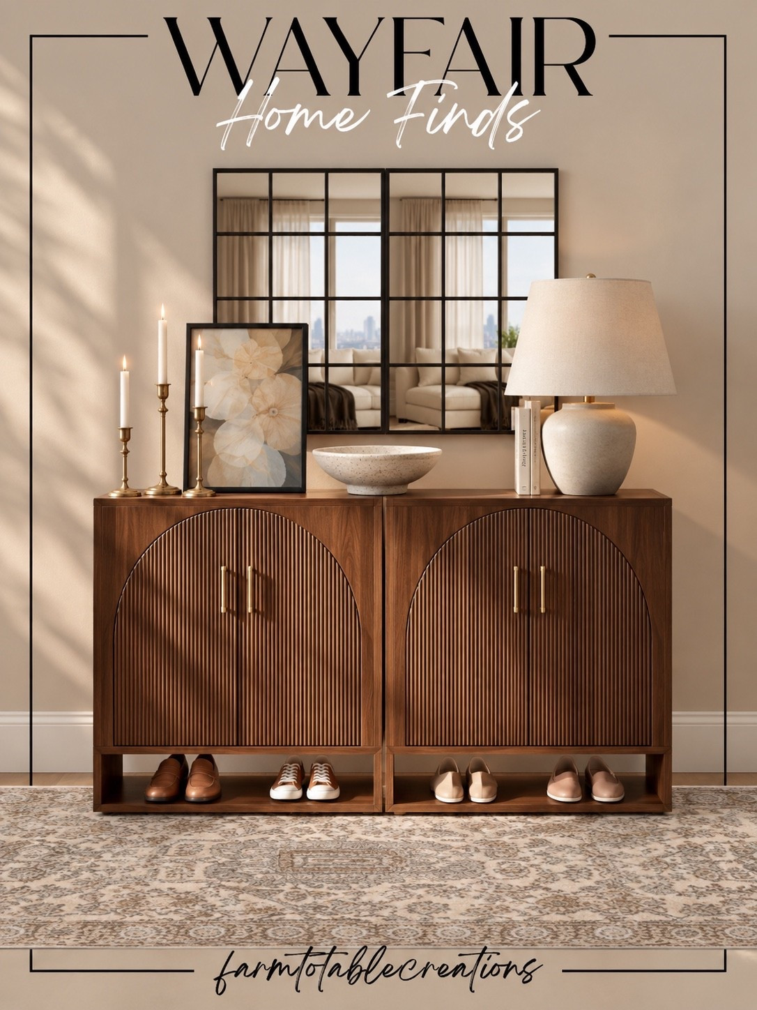 Wayfair Entryway Finds 🤎

This Wayfair entryway setup is the perfect mix of warm, timeless, and functional! The rich wood cabinets paired with the oversized grid mirror create such an elevated focal point, while the neutral rug, ceramic lamp, artwork, and brass accents soften the look.

I especially love the hidden storage and open shoe shelves—proof that an entryway can be beautiful and practical. The warm wood and creamy neutrals give the entire space that collected, designer-inspired feel without being too trendy.

Follow @farmtotablecreations on Instagram for more cozy home finds and trending decor.

#LTKHome #Wayfair #WayfairFinds #WayfairHome #EntrywayDecor #EntrywayInspo #EntrywayIdeas #NeutralHome #WarmNeutrals #CozyHome #DesignerInspired #HomeDecor #HomeInspo #AffordableHomeDecor #LTKFinds

#LTKSaleAlert #LTKHome