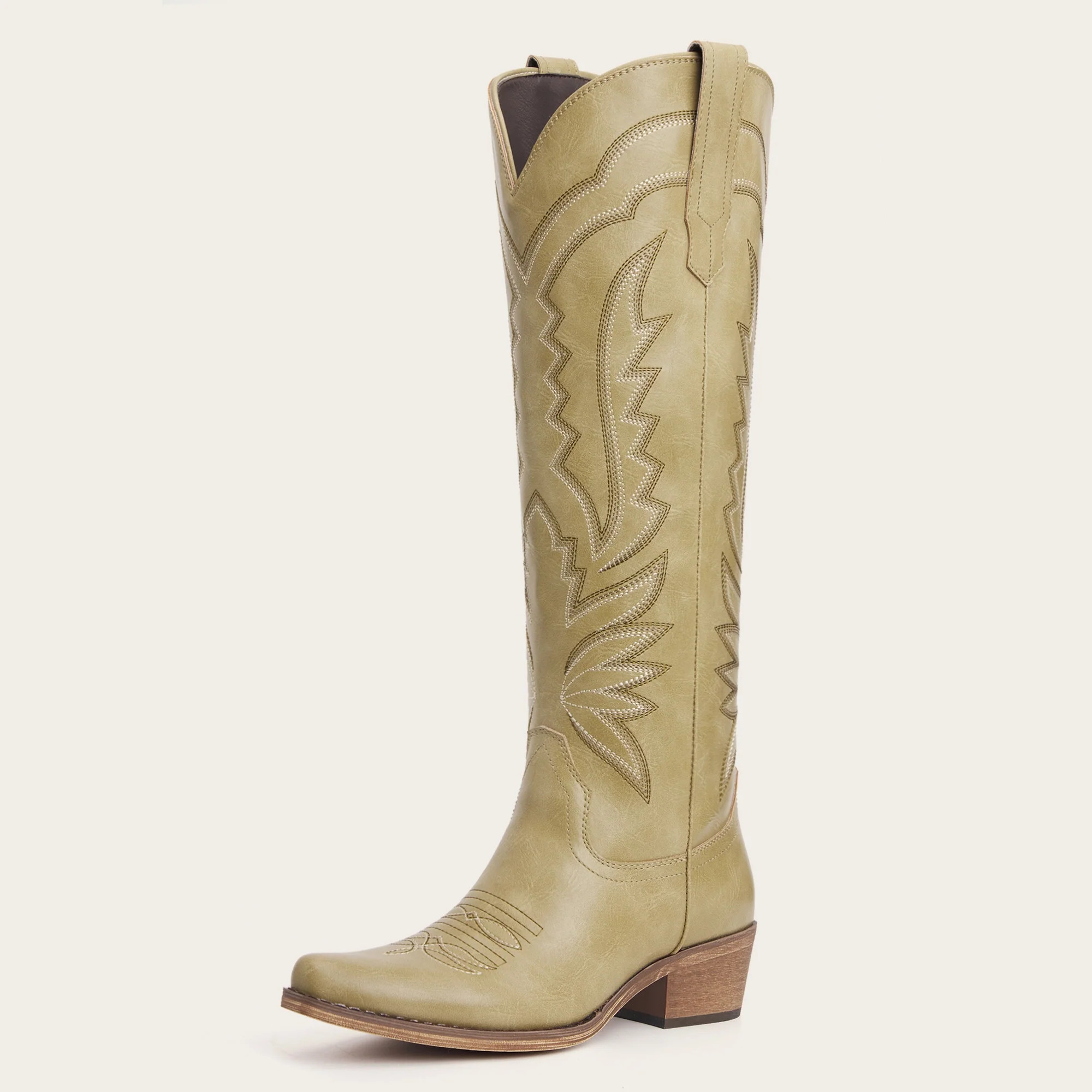 The Laurey - Sage Green Embroidered Snip Toe Cowgirl Boots with Side Zipper | REDTOP