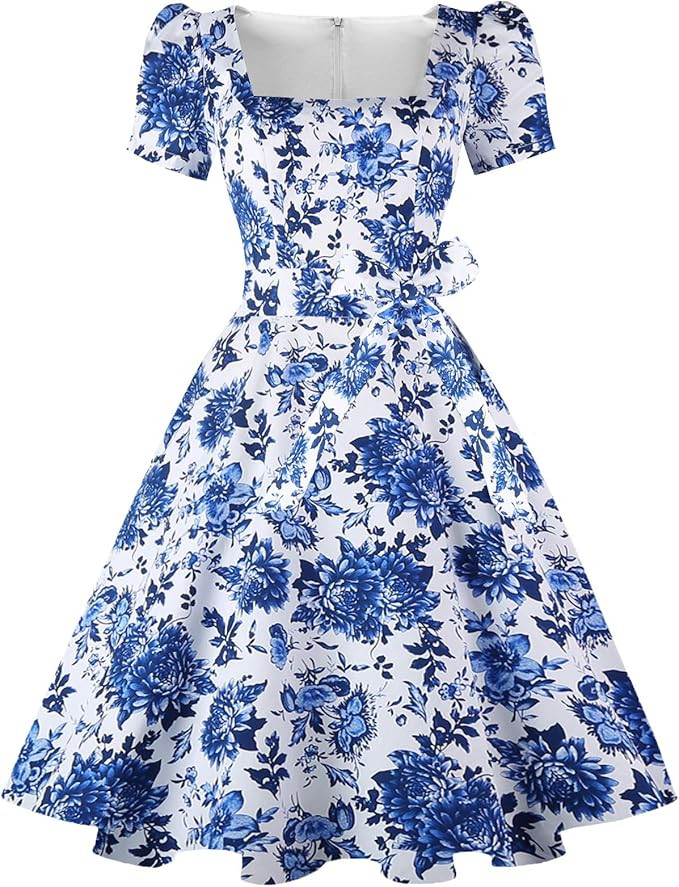 OBBUE Women's Square Neck Dress Vintage 1950s Cocktail Party Dress with Puff Sleeves | Amazon (US)