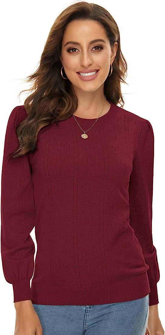 Cucuchy Womens Puff Long Sleeve Sweaters Tops Soft Crew Neck Knit Pullover Shirt | Amazon (US)