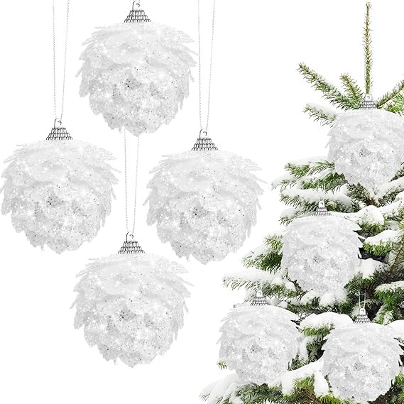 Christmas Ball Ornaments White Pinecone Hanging Ornament Artificial Christmas Tree Ornaments Glit... | Amazon (US)