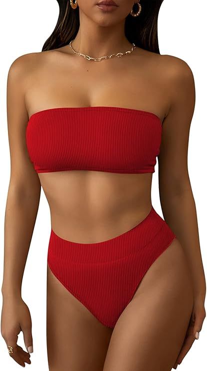 Pink Queen Women's Ribbed High Waisted Bikini Set Removable Strap Bandeau Swimsuit | Amazon (US)